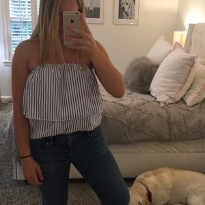 Asos strapless blue and white striped blouse